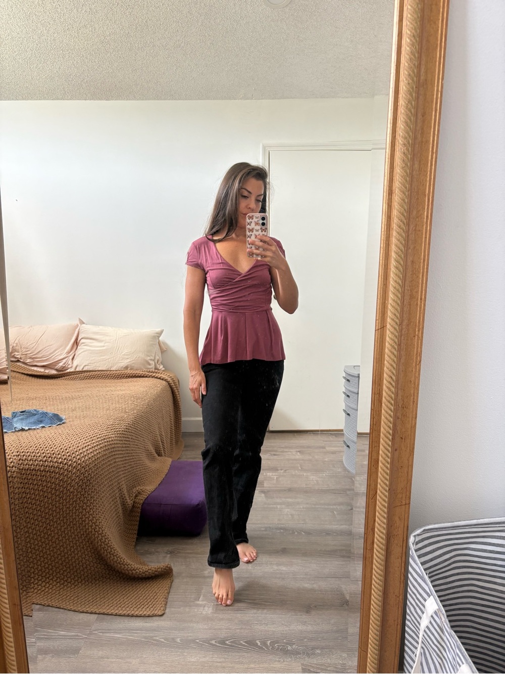 bebe Mauve Pink Ruched Peplum V-Neck Top
